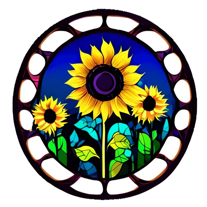 A picture of a round piece of stained glass with sunflowers.